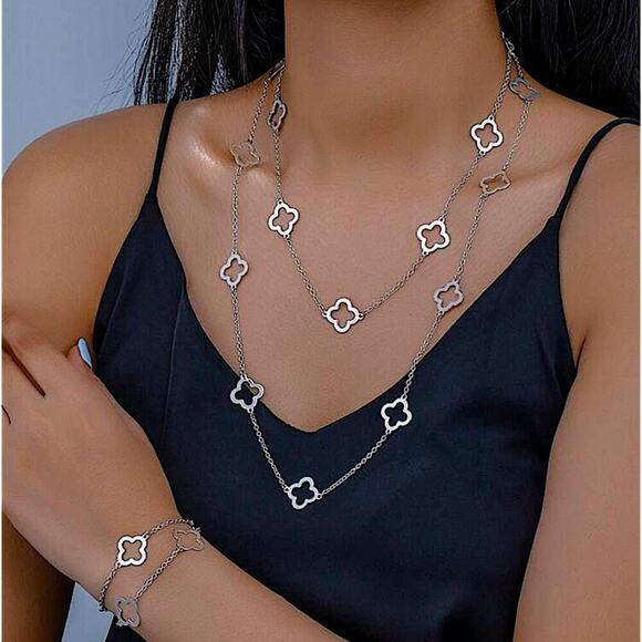 Silver Four Leaf Clover Necklace Bracelet Set Luxury Two Piece Set - Picture 2 of 4